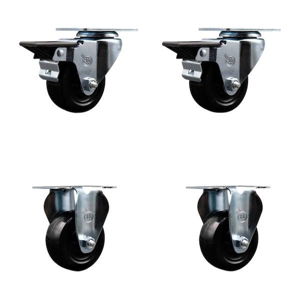 3'' Hard Rubber Wheel Swivel Top Plate Caster Set with 2 Posi Brakes 2 Rigid, 4PK
